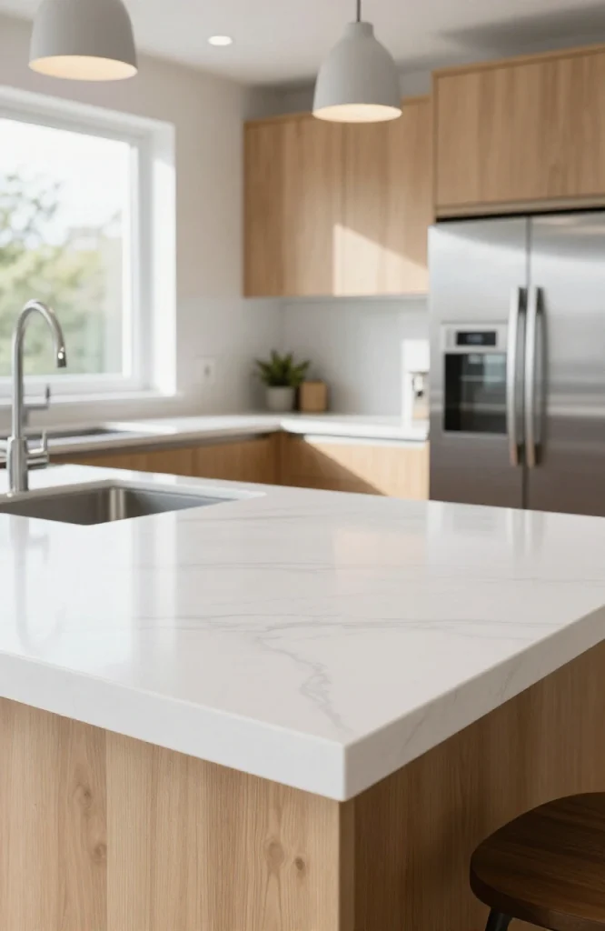 Polished quartz countertop surface showing white and gray engineered stone texture and pattern
