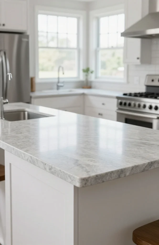Polished quartzite countertop with white and gray veining pattern resembling natural marble