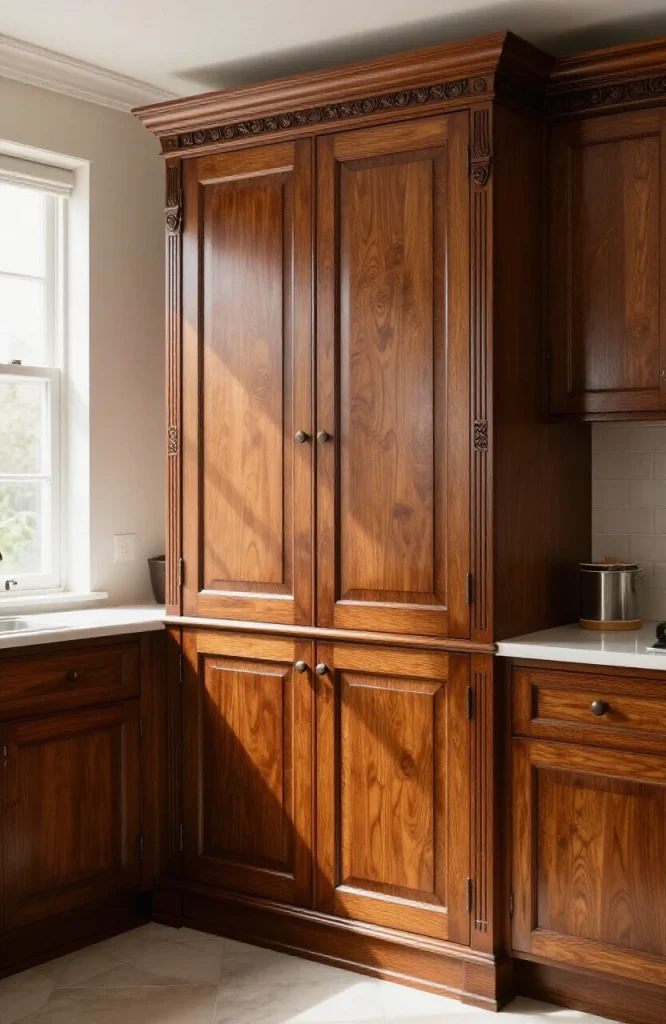 Victorian kitchen cabinet featuring raised panel doors with ornate applied carved molding on the frame