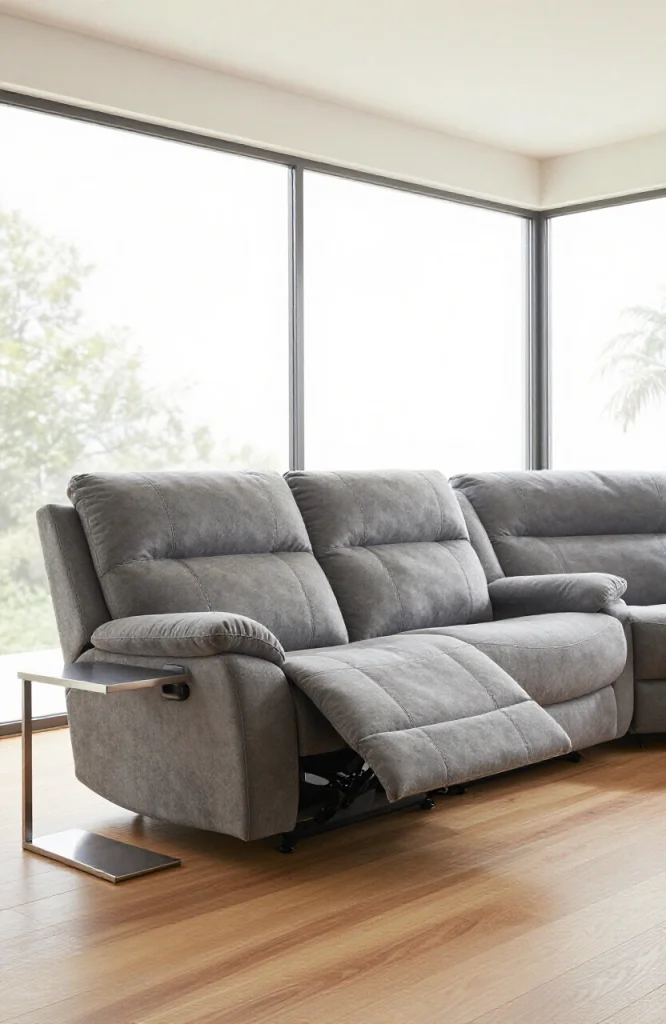 L-shaped sofa with built-in recliners in contemporary living room setting with neutral decor