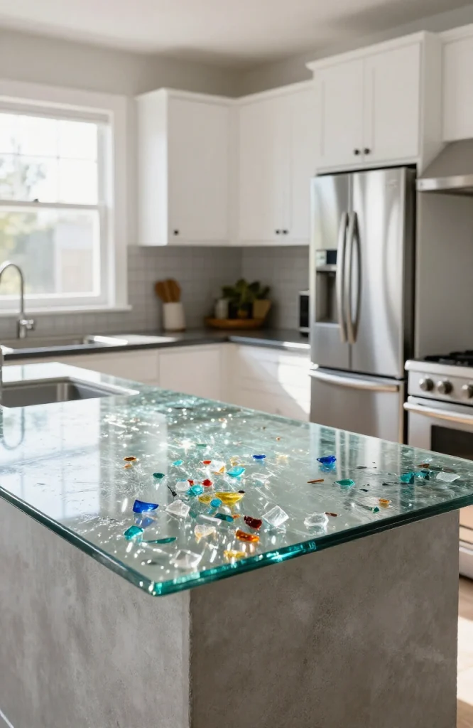 Polished recycled glass countertop with mixed colored glass chips embedded in resin surface resembling marble aesthetics