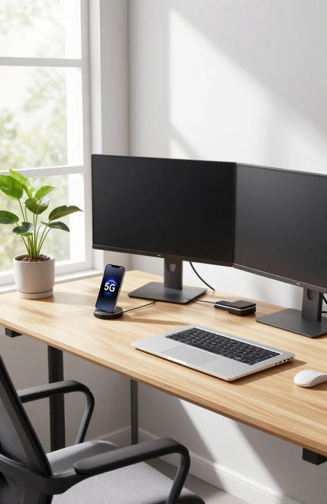 Home office desk with dual monitors, router, and mobile hotspot device for backup internet connectivity