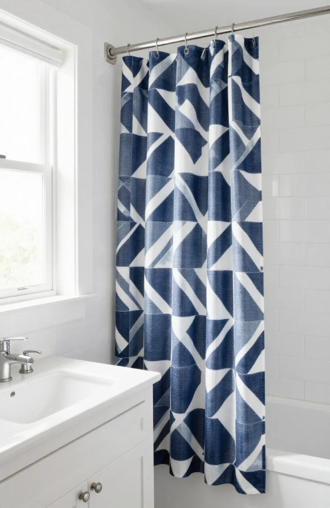Modern bathroom with new patterned shower curtain hung on rod above white bathtub
