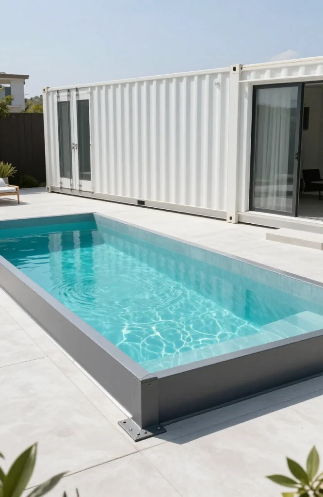Repurposed metal shipping container transformed into small plunge pool in residential backyard setting