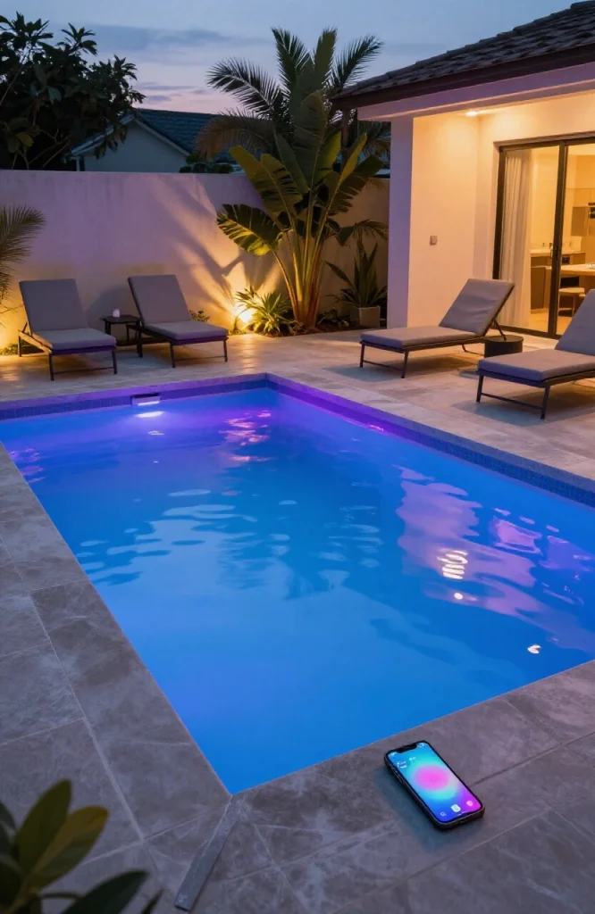 RGB LED underwater lights illuminating a plunge pool at night with color-changing blue and purple lighting