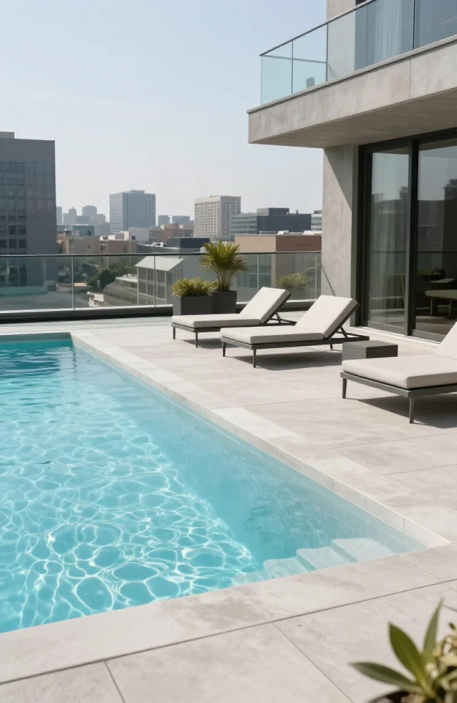 Modern rooftop plunge pool on urban home terrace with city views and contemporary deck design