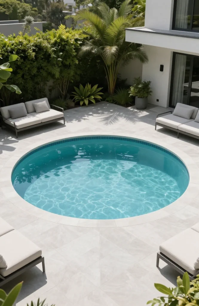 Round plunge pool installed in compact square backyard with decking and landscaping
