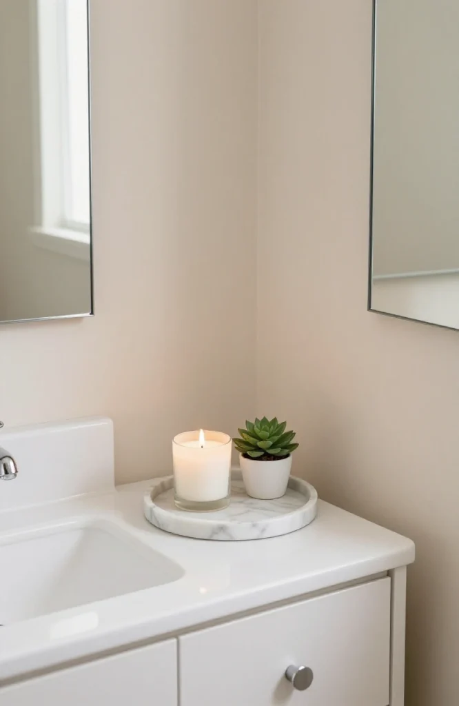 Round woven tray placed in corner of bathroom vanity holding white towels and bathroom essentials