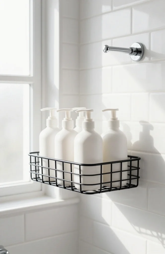 Rust-proof wire grid caddy holding bath essentials and toiletries on bathroom counter