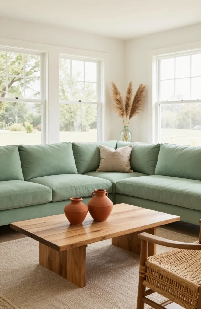 Sage green L-shaped sofa in modern living room with neutral wall decor and wooden flooring