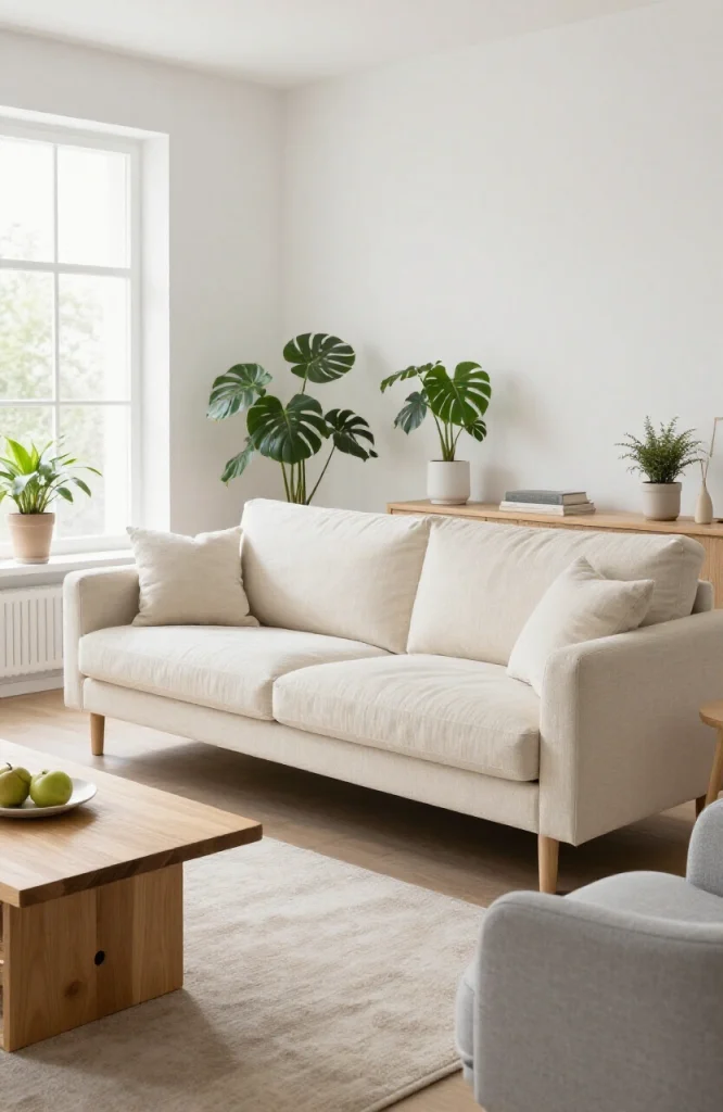 Light gray Scandinavian L-shaped sofa with minimalist design, wooden legs, and clean lines in a bright living room