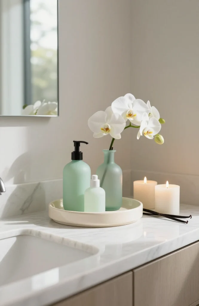 Bathroom vanity tray with seasonal decor items organized by season for rotating display and storage