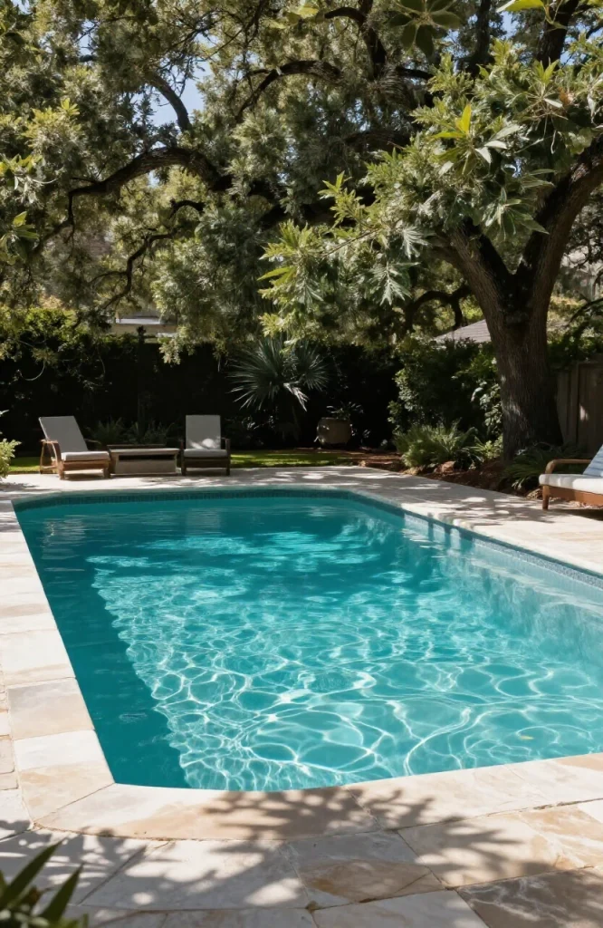 Small shaded plunge pool nestled beneath dense mature tree canopy providing natural cooling and privacy
