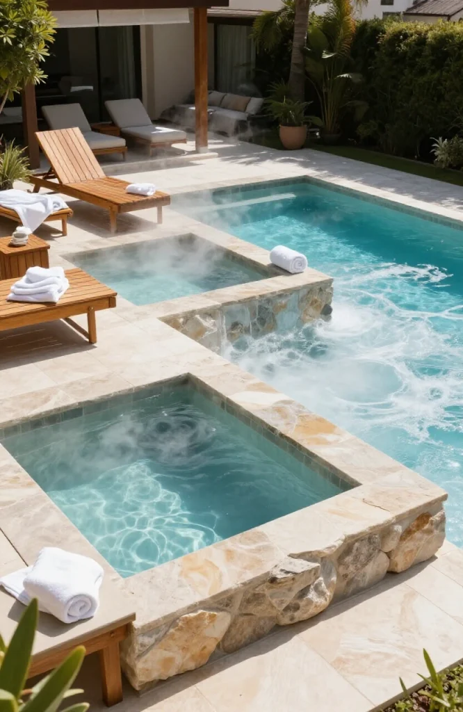 Two adjacent plunge pools with contrasting temperatures, one heated and one cold, installed in small yard space