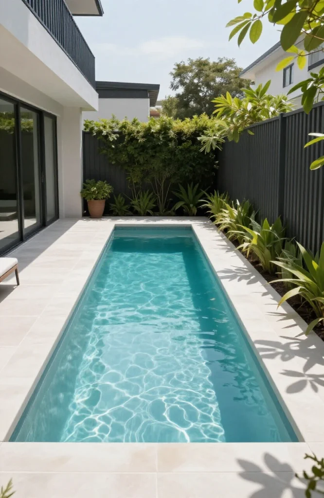 Narrow side yard plunge pool extending the length of a passage between two houses with modern design