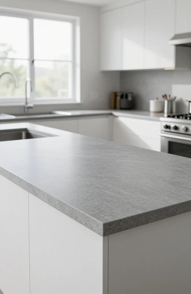 Sintered stone countertop in neutral tone with marble-like veining pattern, displaying durability and elegant finish similar