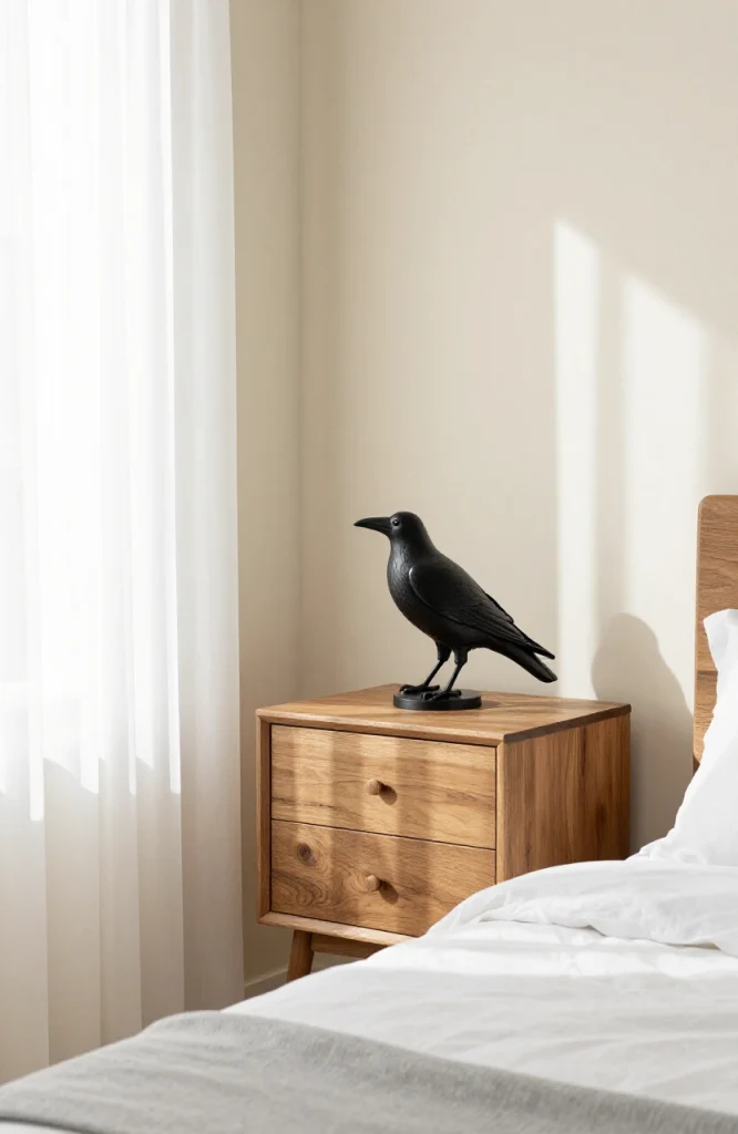Black raven or skull decorative figure displayed on bedroom shelf as focal point Halloween decor