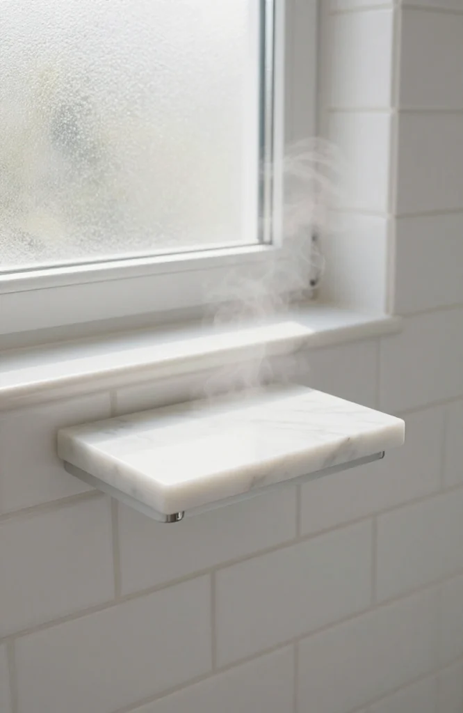 Compact marble decorative tray placed on a built-in shower ledge next to toiletries and bath products
