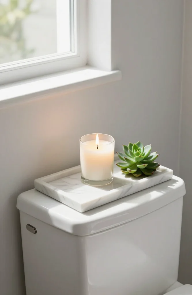Small marble bathroom tray holding a lit candle and green succulent plant for vanity styling