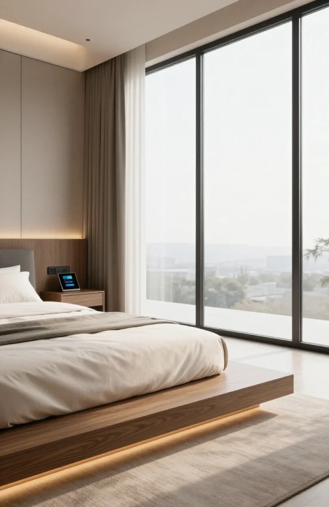 Modern bedroom with integrated smart home technology including automated lighting and climate control blending with contempor