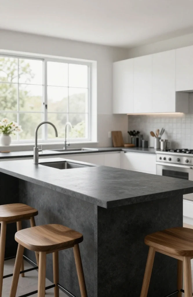 Dark gray soapstone countertop with natural veining and matte finish in modern kitchen