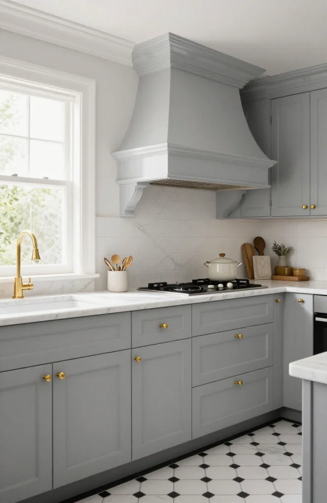 Victorian kitchen with soft gray cabinets, gold hardware, white marble countertops, and hexagon tile flooring