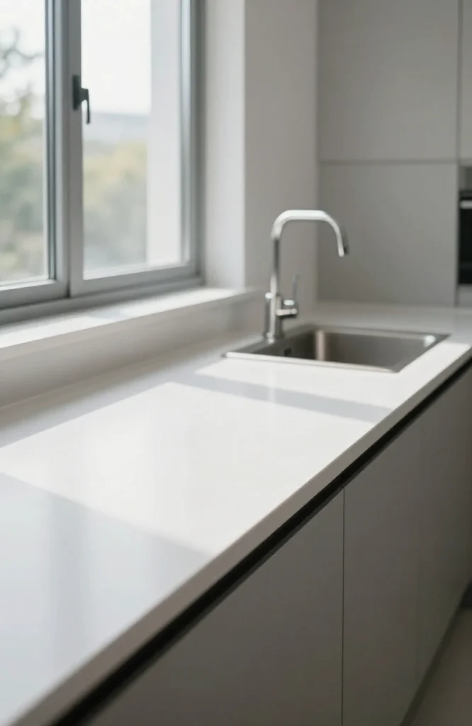 White solid surface Corian countertop in modern kitchen with seamless edge and integrated sink