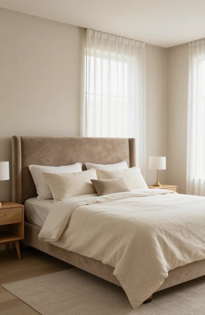 Serene bedroom featuring soft neutral tones, warm lighting, and elegant furnishings creating a sophisticated calming atmosphe