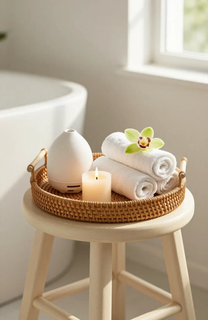 Wooden spa tray with bath products and rolled towels arranged on a white stool in corner bathroom setting