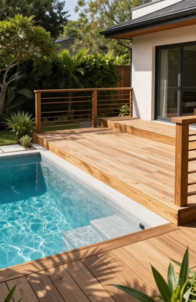 Split-level plunge pool with raised wooden deck overlooking sunken pool area in small backyard