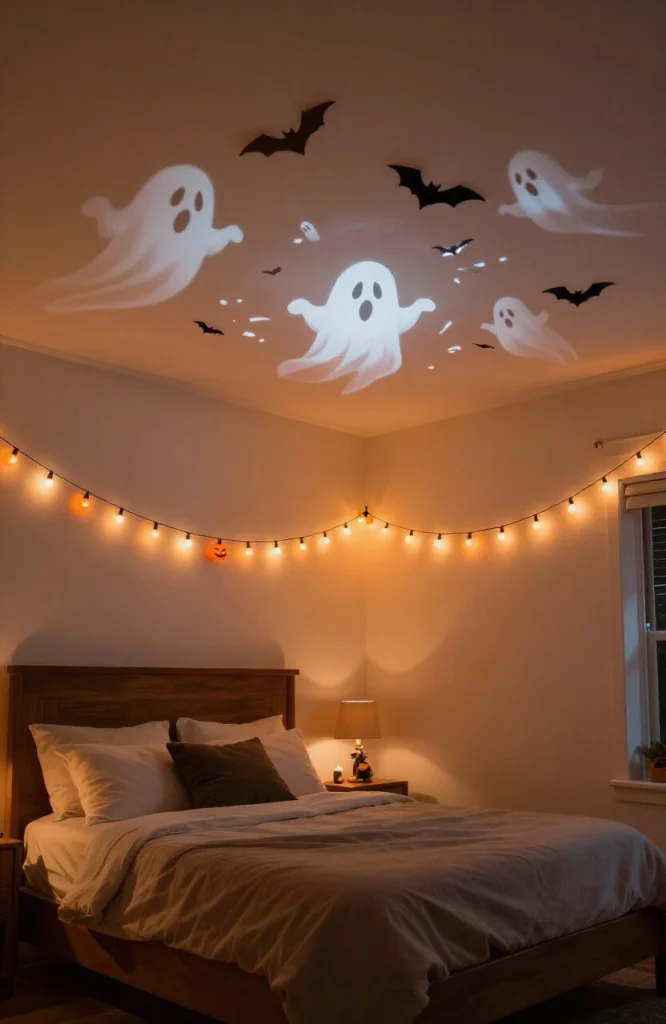 Ceiling illuminated with spooky Halloween projection light creating atmospheric after-dark ambiance in bedroom