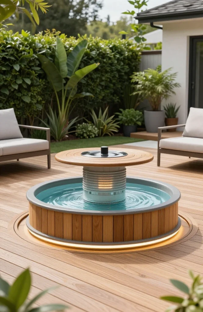 Compact spool combining spa and pool features in small backyard with surrounding decking