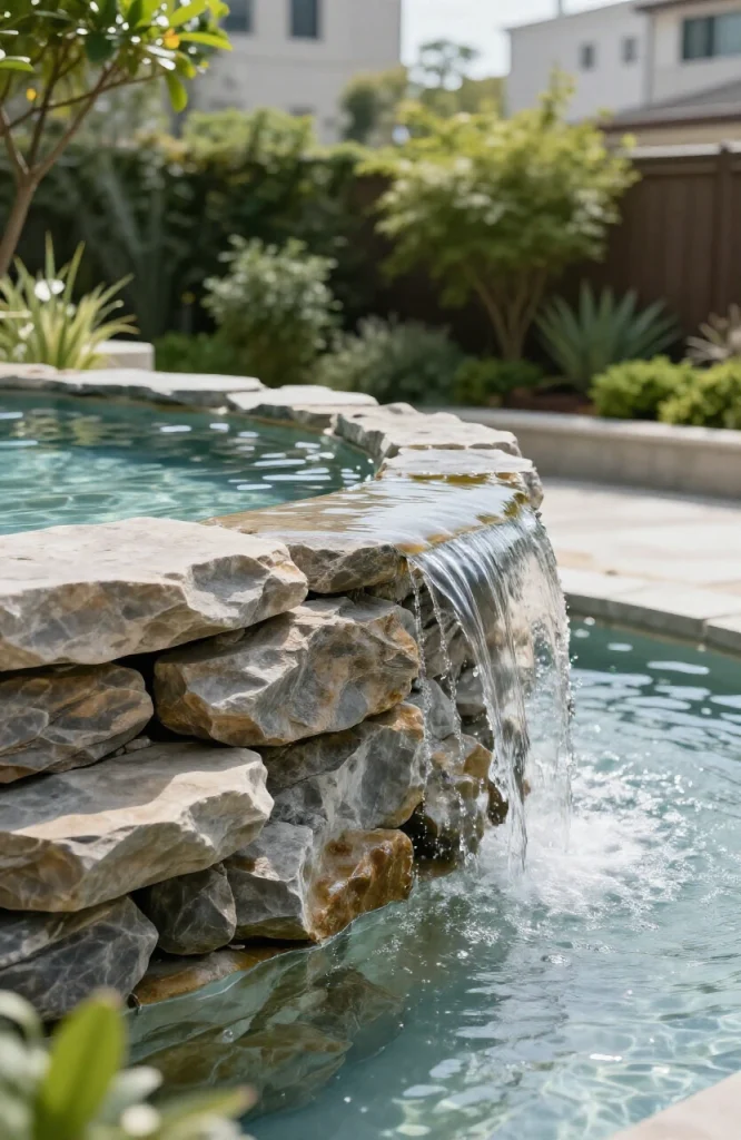Small plunge pool with stacked stone edge and recirculating waterfall feature in compact backyard
