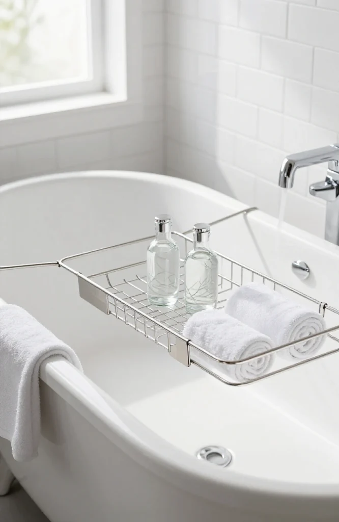 Stainless steel bathtub caddy with soap dishes and bottle holders mounted on bathtub edge