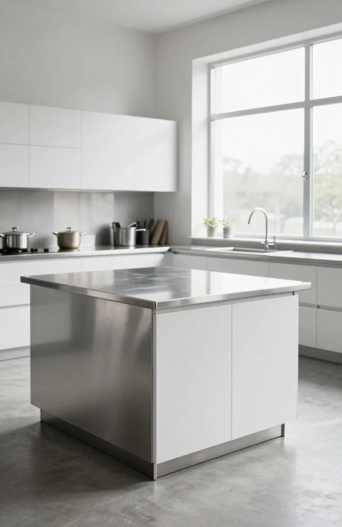 Modern kitchen with brushed stainless steel countertop featuring sleek surface and professional appearance