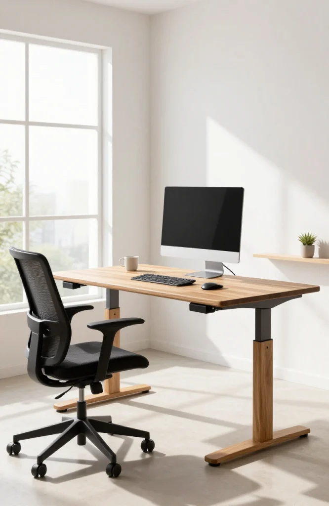 Modern standing desk workspace with monitor, keyboard, and ergonomic accessories for flexible remote work