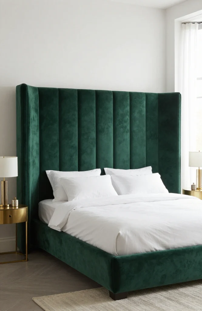 Elegant bedroom with oversized upholstered statement headboard in rich fabric commanding the wall space