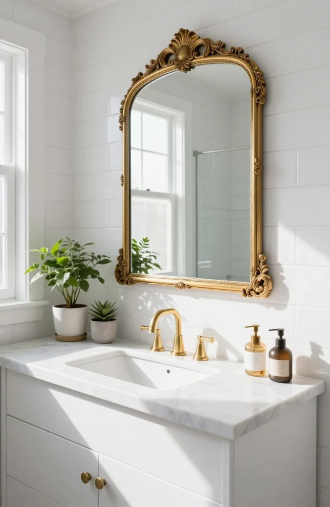 Large decorative mirror with ornate gold frame hanging above bathroom vanity