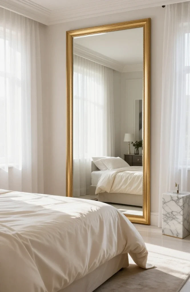 Bedroom with large mirrors positioned opposite windows to reflect natural light and visually expand the space with elegant fu