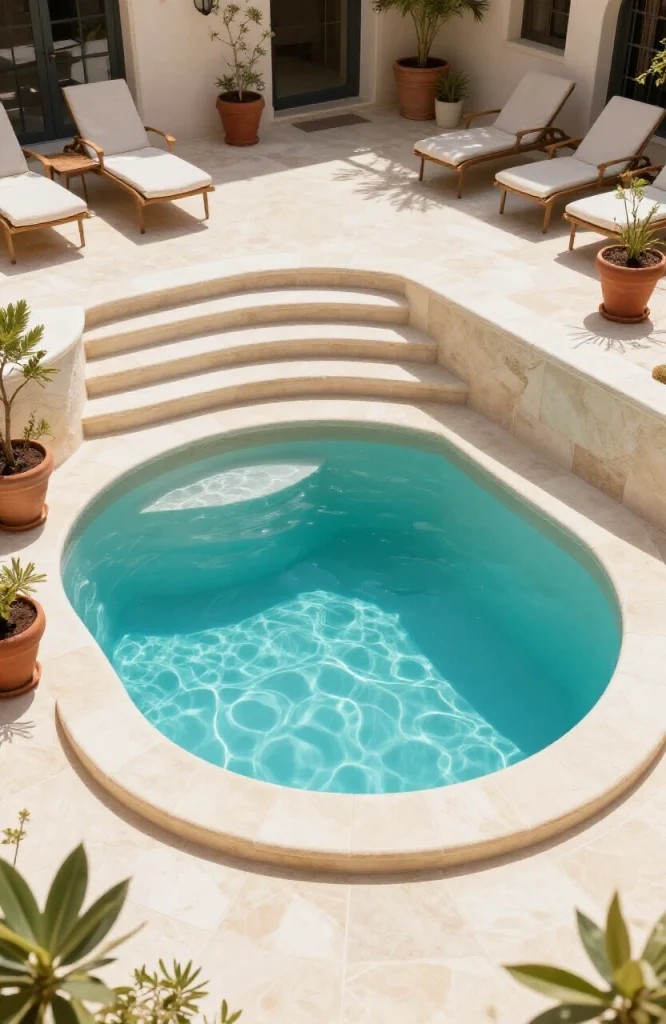 Sunken courtyard plunge pool positioned two steps below patio level with modern landscaping and seating areas