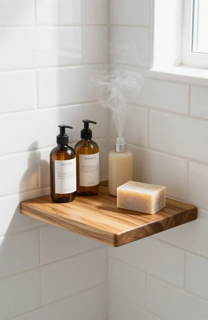 Wooden teak shower corner platform mounted in shower niche holding bottles and bath products