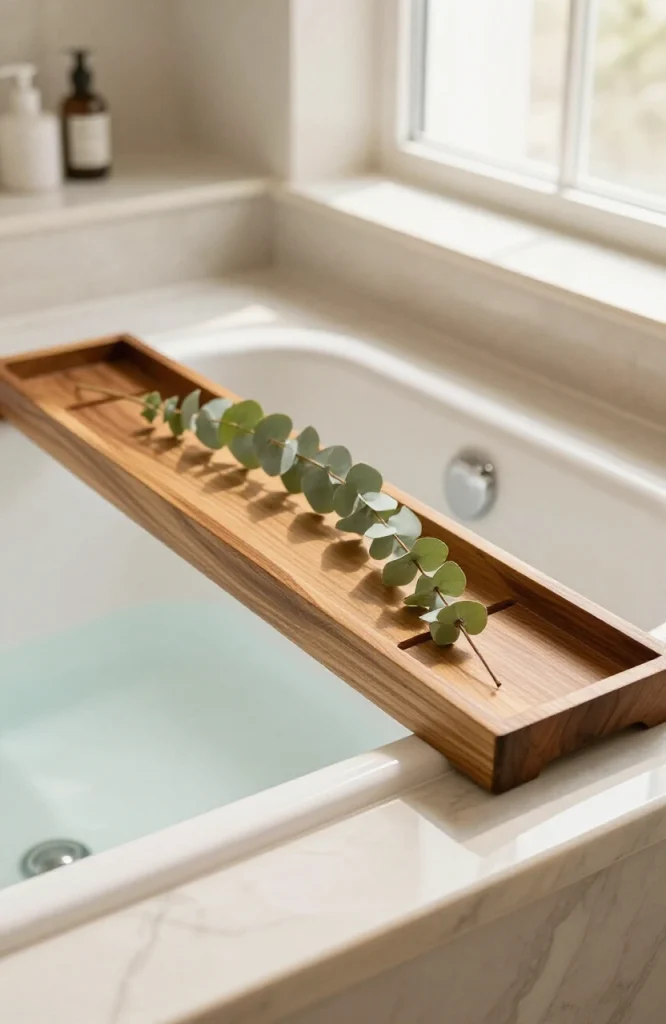 Teak wood bath tray with natural finish placed on bathroom vanity for organizing toiletries and bath accessories