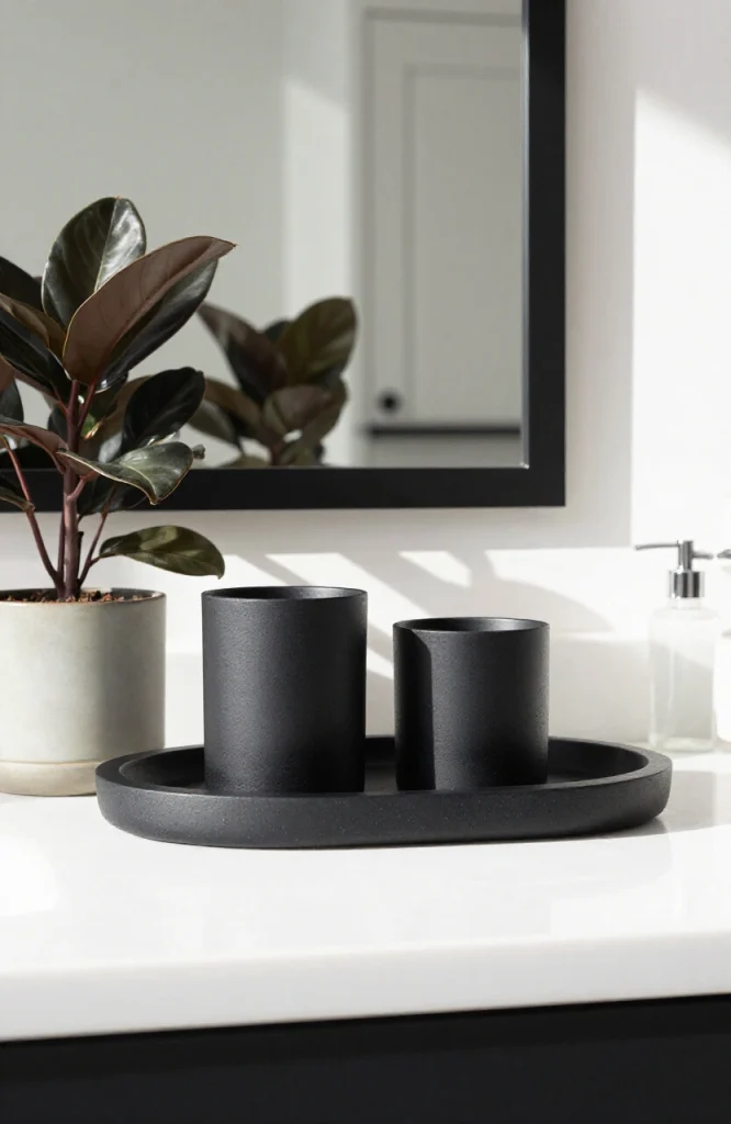 Matte black bathroom tray with coordinating black bottles and accessories on marble vanity countertop