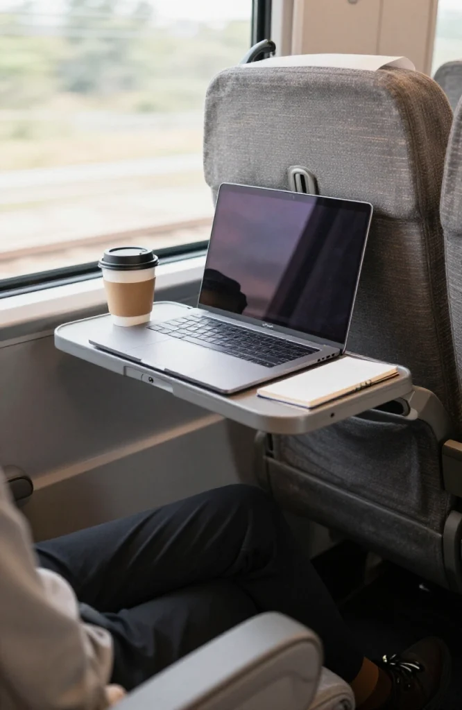 Laptop and noise-canceling headphones arranged on a fold-out desk tray attached to a train seat window