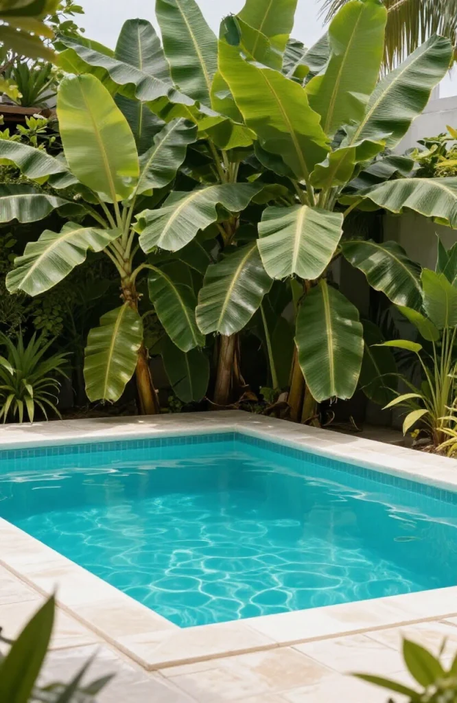 Tropical plunge pool surrounded by lush dense foliage and vegetation creating natural privacy screen