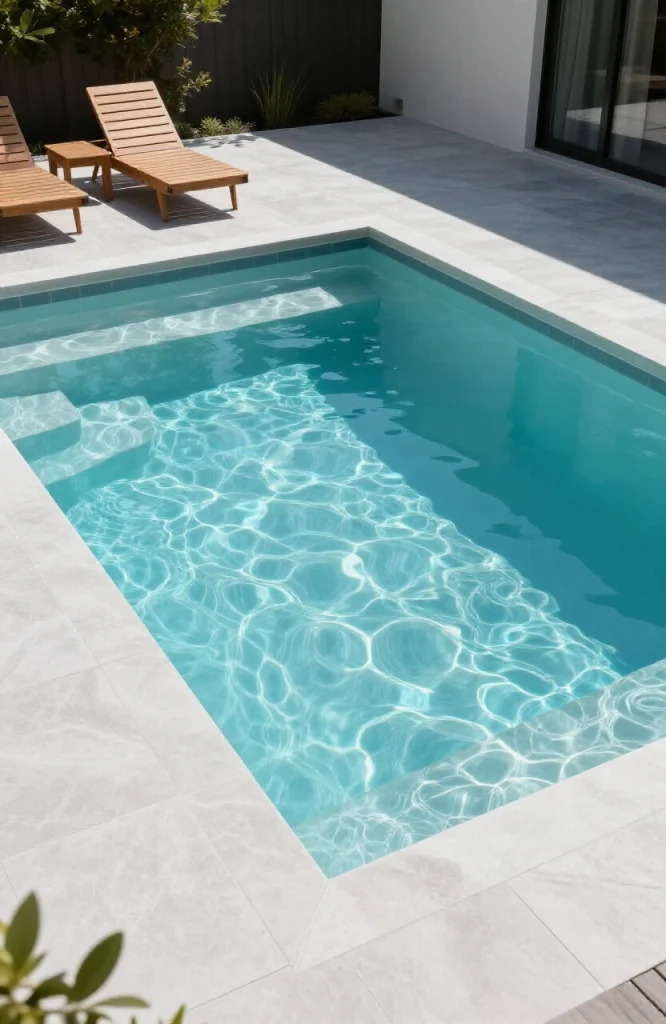 Two-depth plunge pool design with shallow lounge shelf on one side and deeper soaking zone for small yard