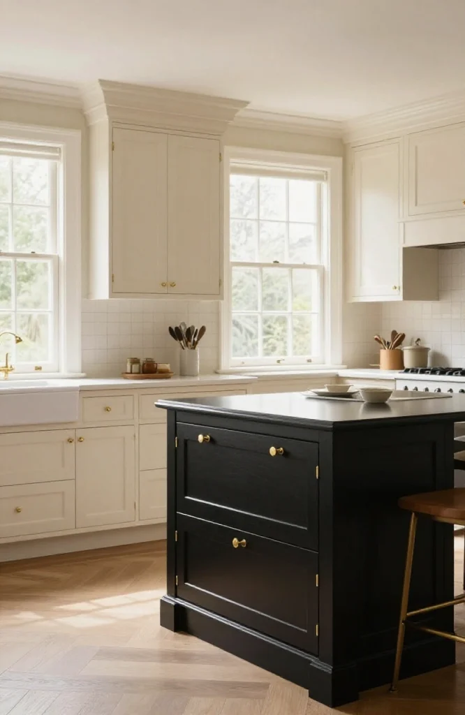 Victorian kitchen featuring two-tone white and dark wood cabinet combination with ornate hardware and marble countertops