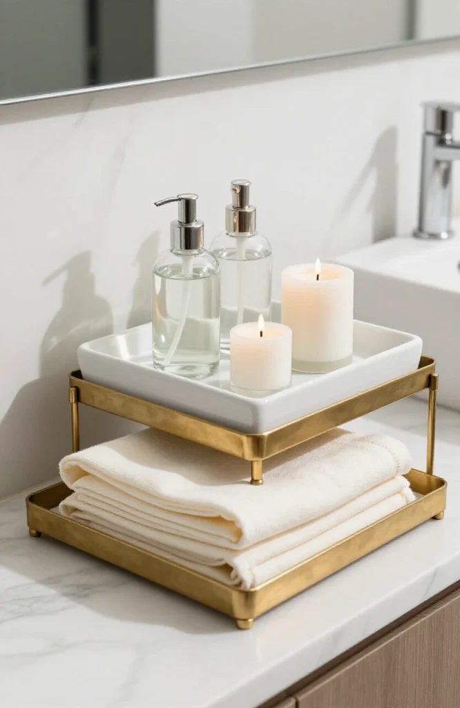 Bathroom vanity with two decorative trays layered to organize and display bath products and accessories