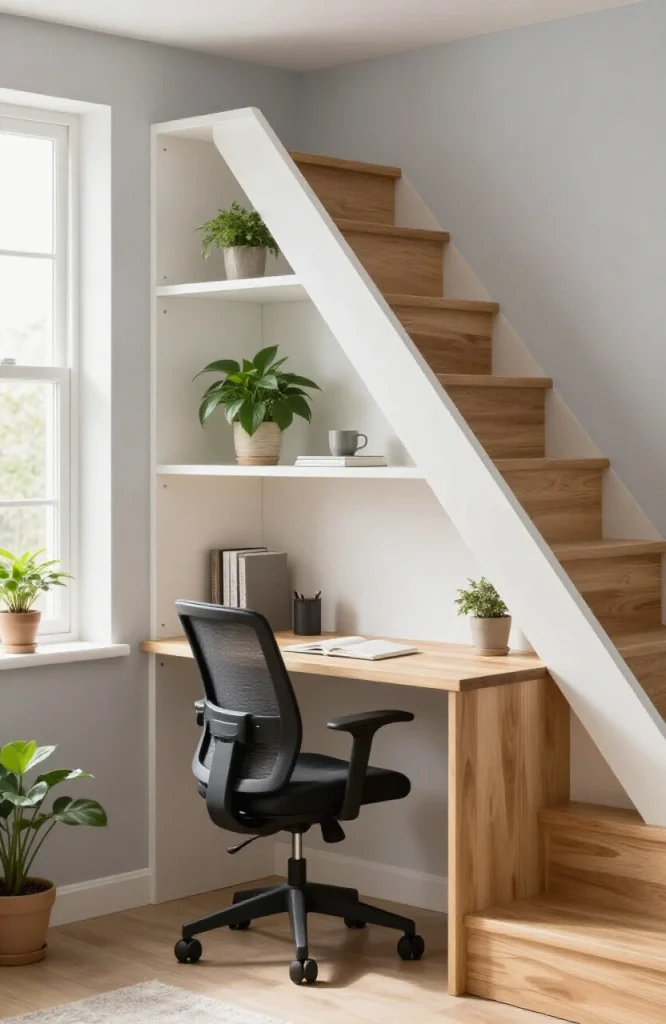 Compact home office workspace built into under-stairs storage area with desk, chair, shelving and task lighting