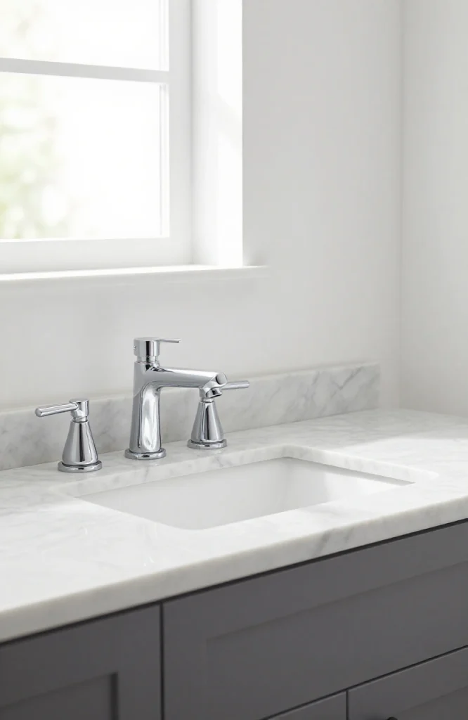 Modern bathroom fixtures and hardware including chrome faucet, towel bars, and cabinet handles installed on white vanity